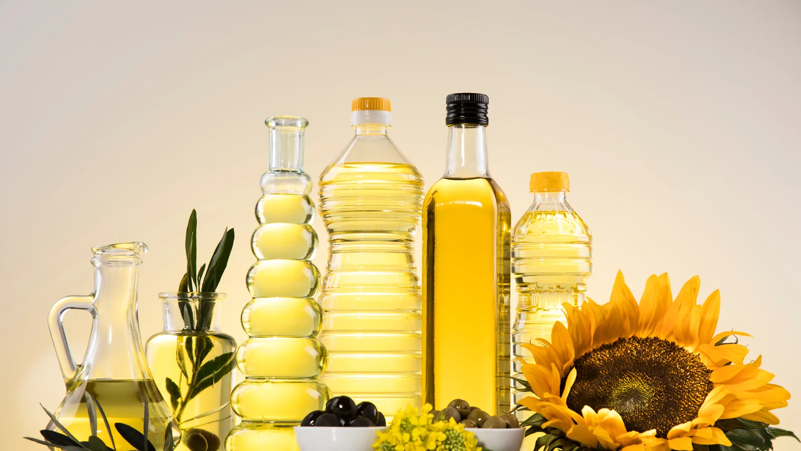 A row of unlabelled cooking oil bottles of different shapes and shades of gold lined up on a pale background, with olives, rapeseed flowers and a sunflower at their base.